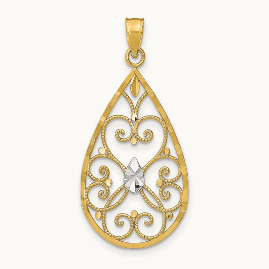 w/Rhodium Heart Beaded Filigree D/C Teardrop Charm, 14K