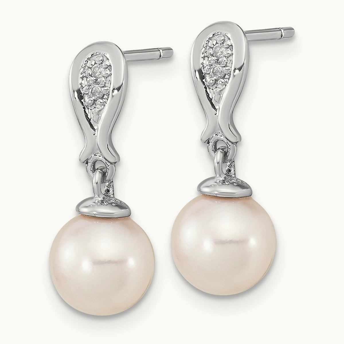 WG 7- Round White Saltwater Akoya Pearl .03ct Dia. Dangle Earrings, 8mm, 14K