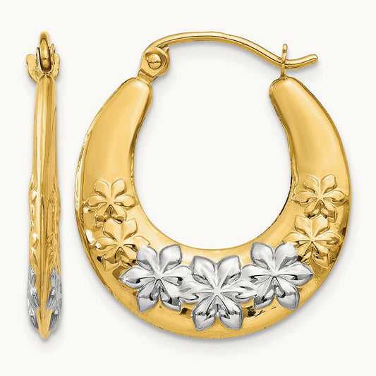 & Rhodium Hollow Flowers Hoop Earrings, 14K