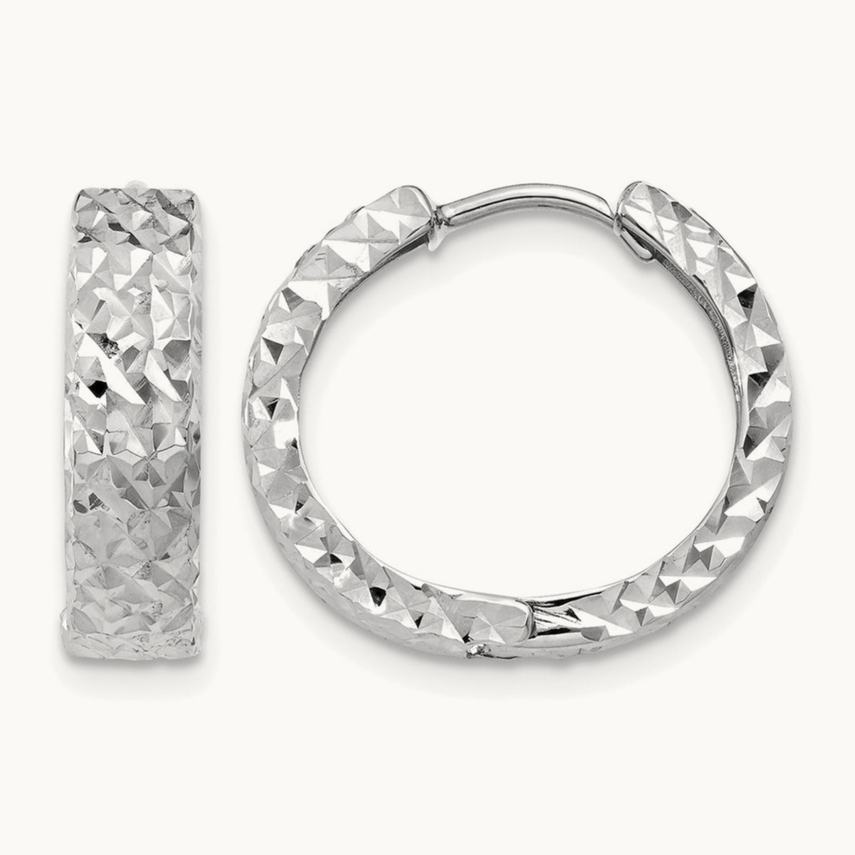 Diamond-cut Hinged Hoop Earrings — 14K White Gold, 14mm