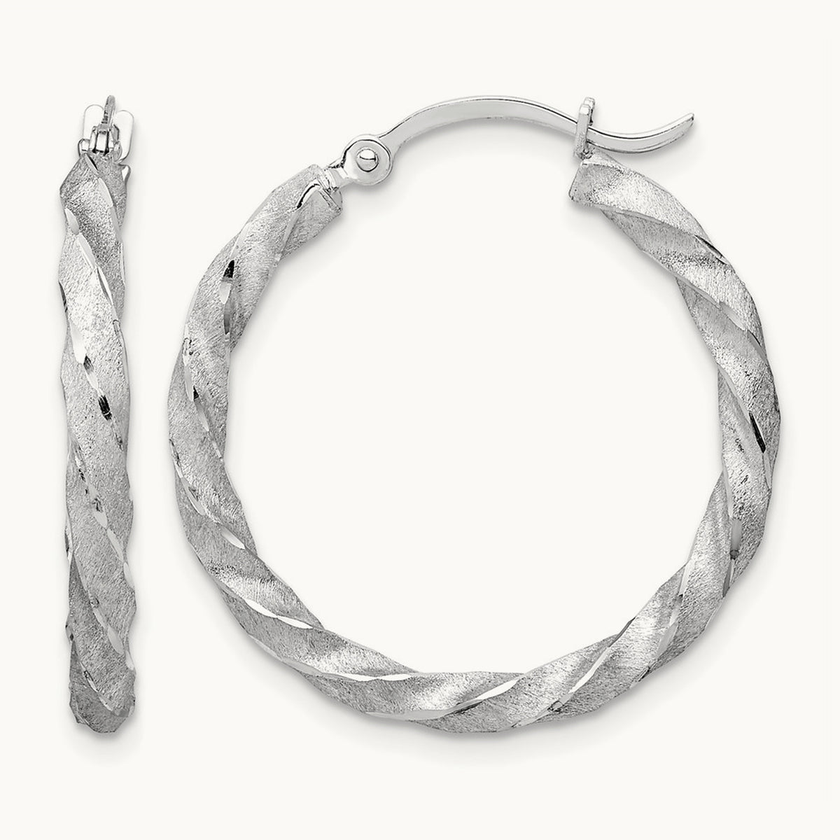 Twisted Satin Diamond-Cut Hoop Earrings — 14K White Gold, 26mm