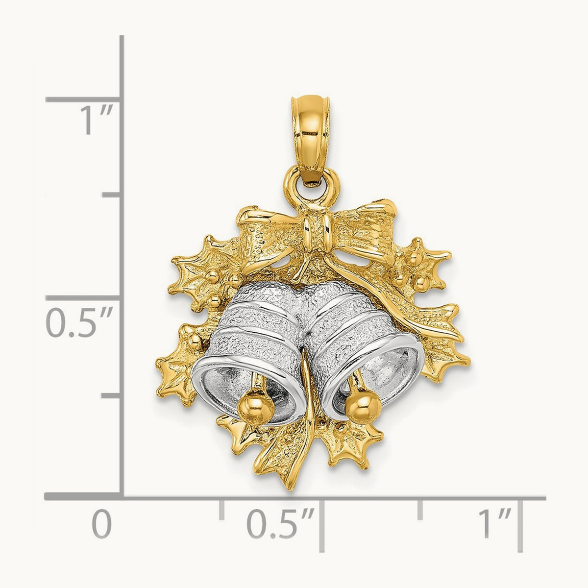 3-D Christmas Bell and Holly Charm, 14K Two-tone