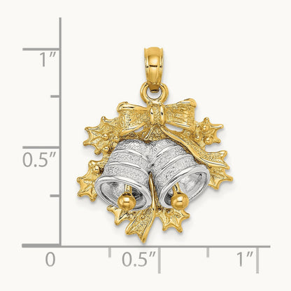 3-D Christmas Bell and Holly Charm, 14K Two-tone