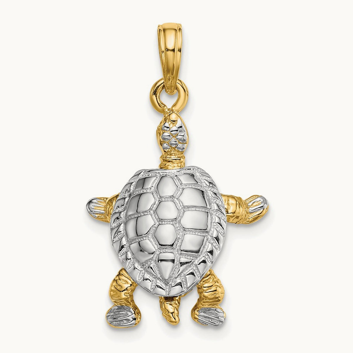 3-D Land Turtle W/ Moveable Head Charm, 14K with White Rhodium