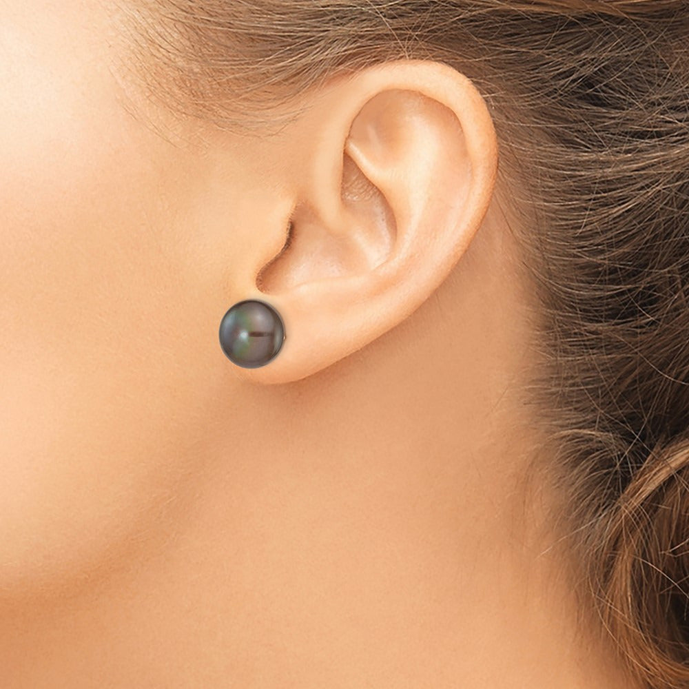 Black Button Freshwater Cultured Pearl Stud Post Earrings — 14K Yellow Gold