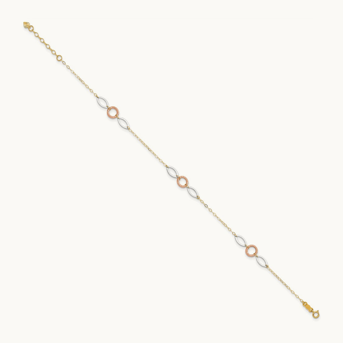 Tri-color Circle and Oval 9in Plus 1in ext. Anklet, 14K