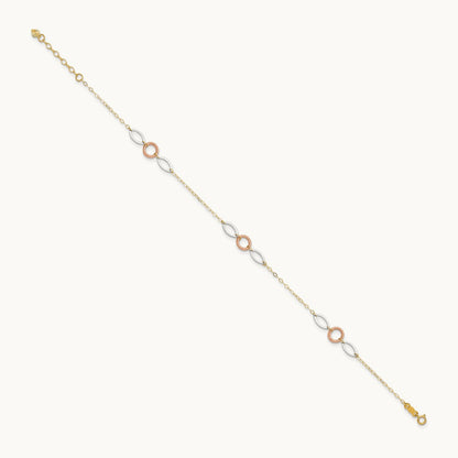 Tri-color Circle and Oval 9in Plus 1in ext. Anklet, 14K