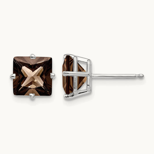 Square Smoky Quartz Earrings — 14K White Gold, 7mm