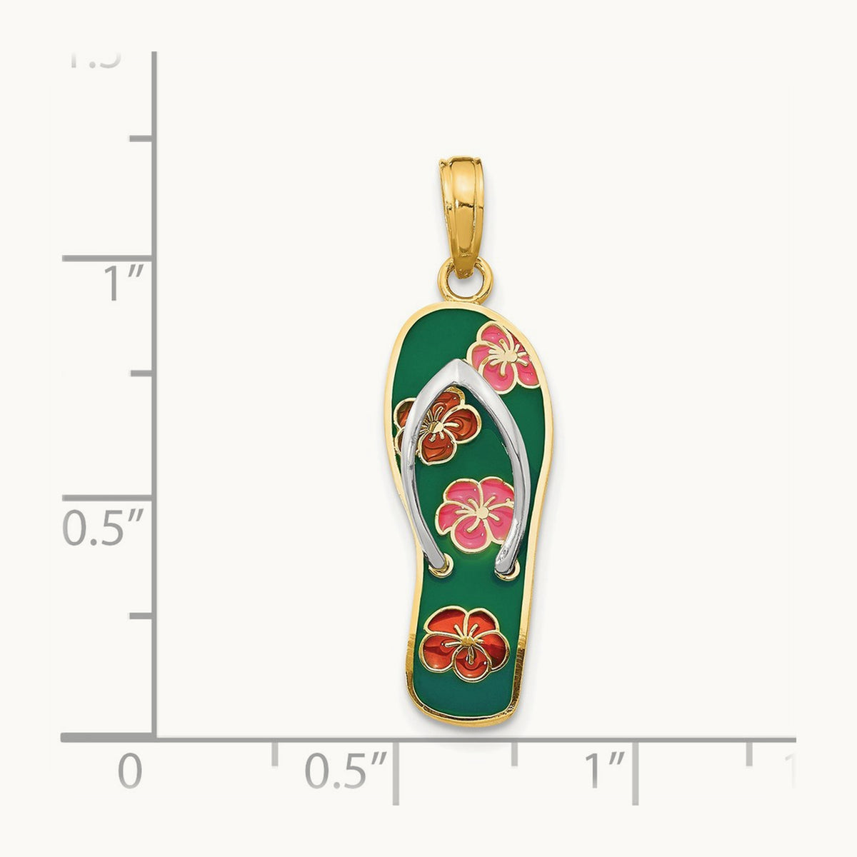 Rhodium 3D Enameled Flowers On Green Flip Flop Pendant, 14K
