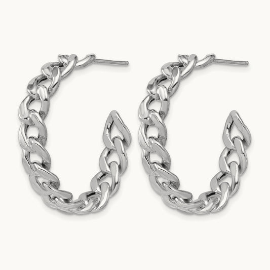 Rhodium-plated Polished Curb Link Post C-Hoop Earrings — 34x6.5mm