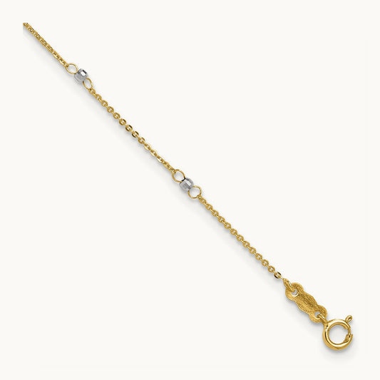 Cable with Mirror Beads 9in Plus 1in Ext. Anklet, 14K Two-tone