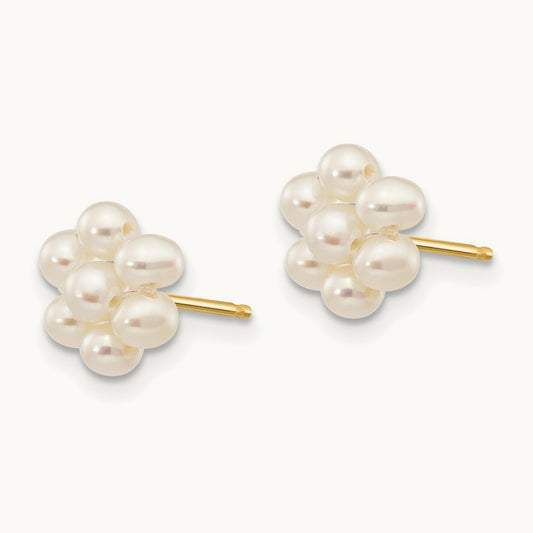 2- White Egg Freshwater Cultured Pearl Flower Earrings, 3mm, 14K
