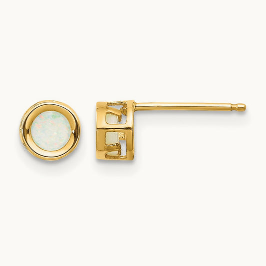 Round Bezel October/Opal Post Earrings, 4mm, 14K
