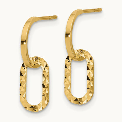 Polished and D/C J-Hoop Dangle Post Earrings, 14K