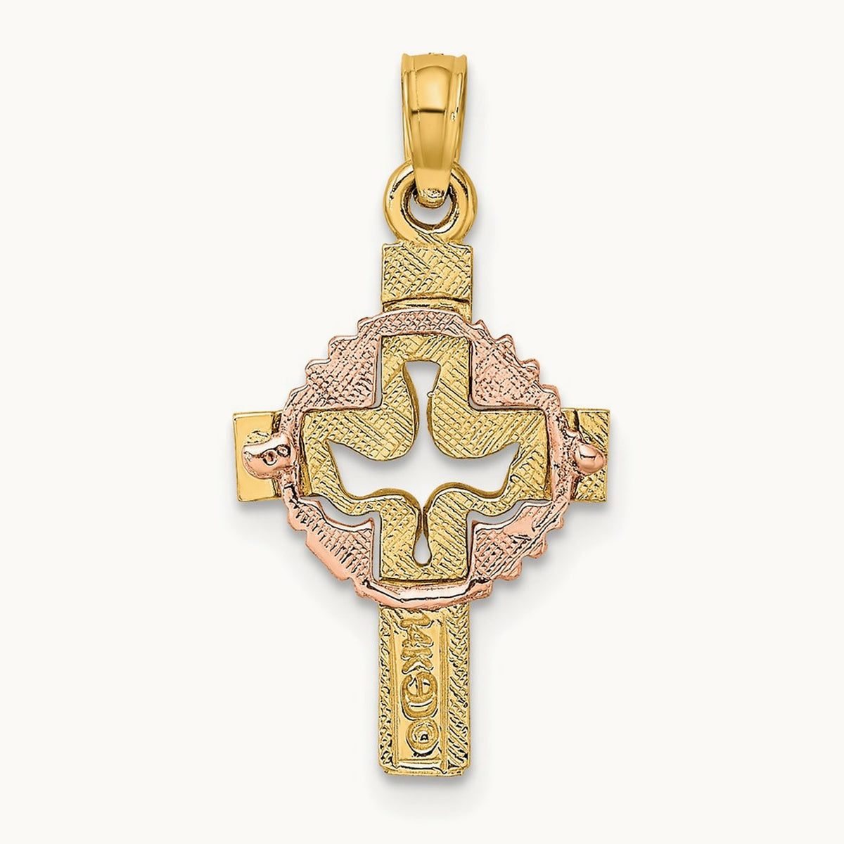 Cut-Out Dove On Cross Charm, 14K Two-tone