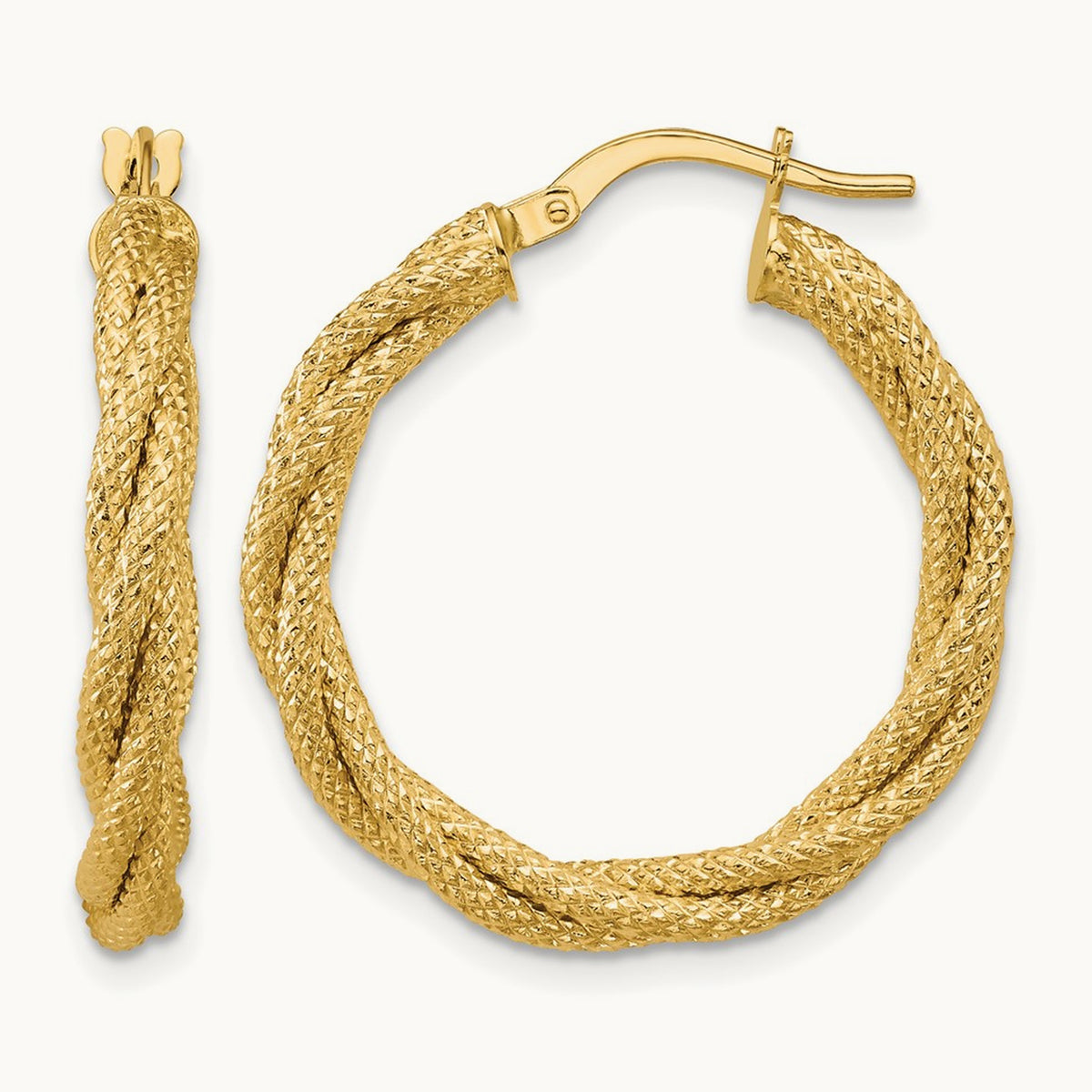 Polished and Textured Twisted Round Hoop Earrings — Leslie's — 25mm