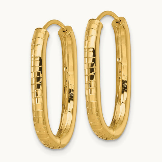 Polished and Grooved Oval Hinged Hoop Earrings, 14K
