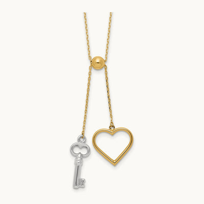 Polished Adjustable-Dangle Heart and Key Necklace, 14K Two-tone