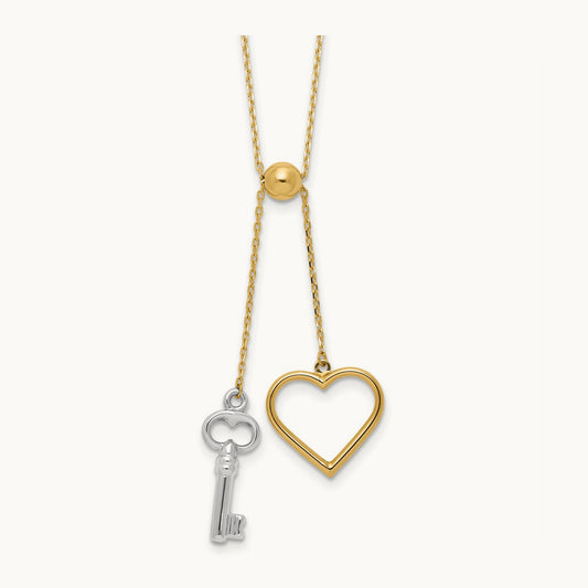 Polished Adjustable-Dangle Heart and Key Necklace, 14K Two-tone