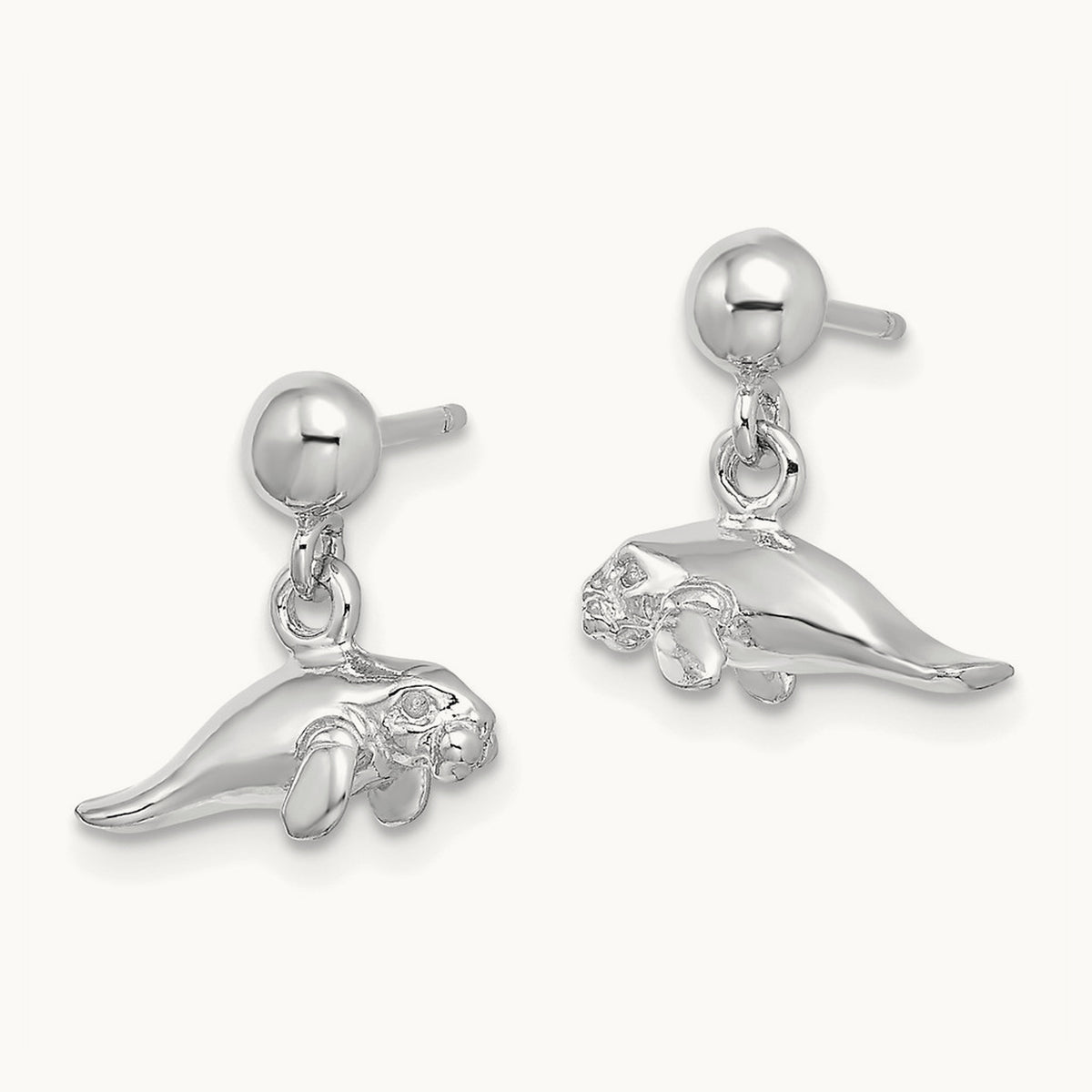 3-D Polished Mini Manatee Dangle Earrings — 14K White Gold