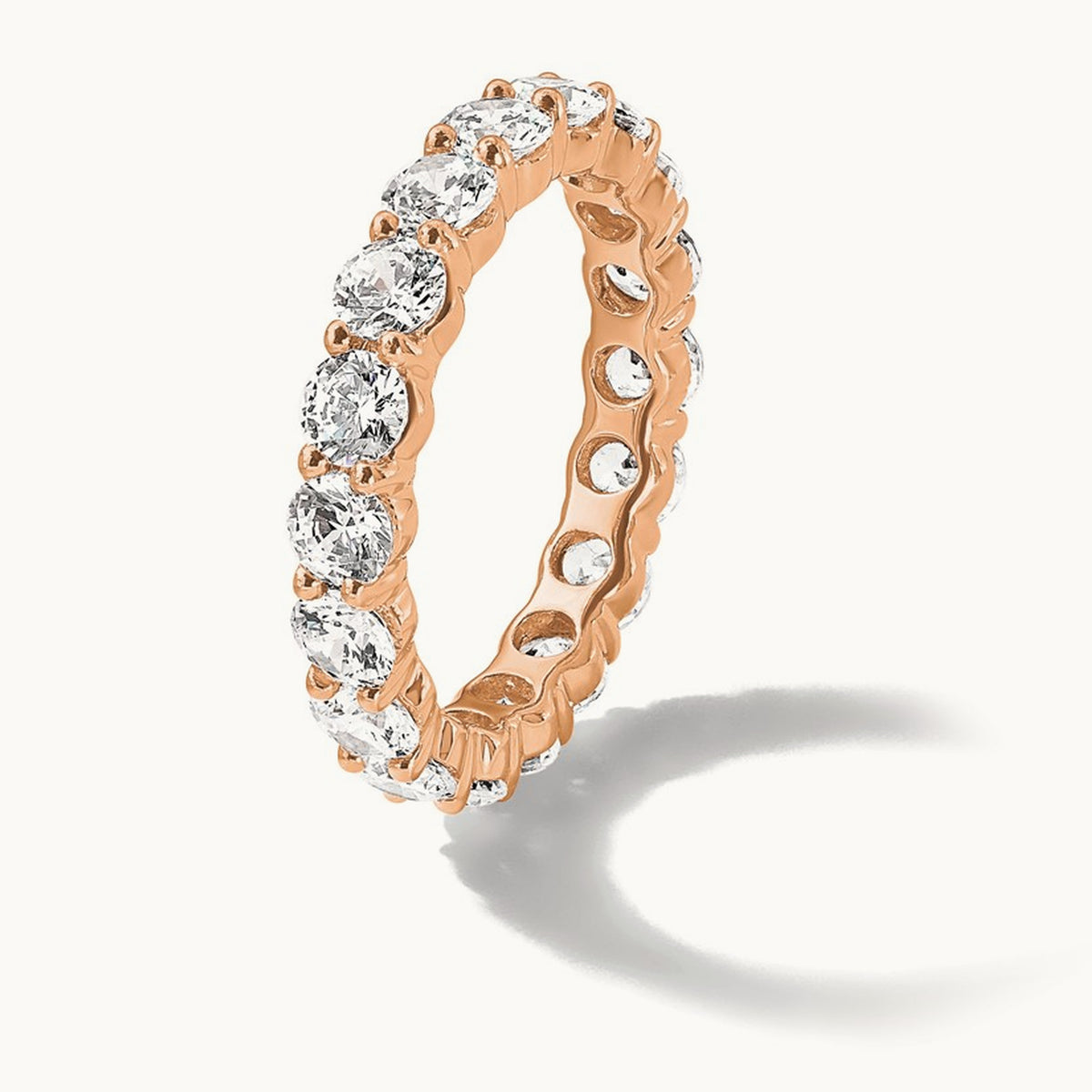 Polished U Shared Prong 3ct Diamond Eternity Band, 14K Rose Gold