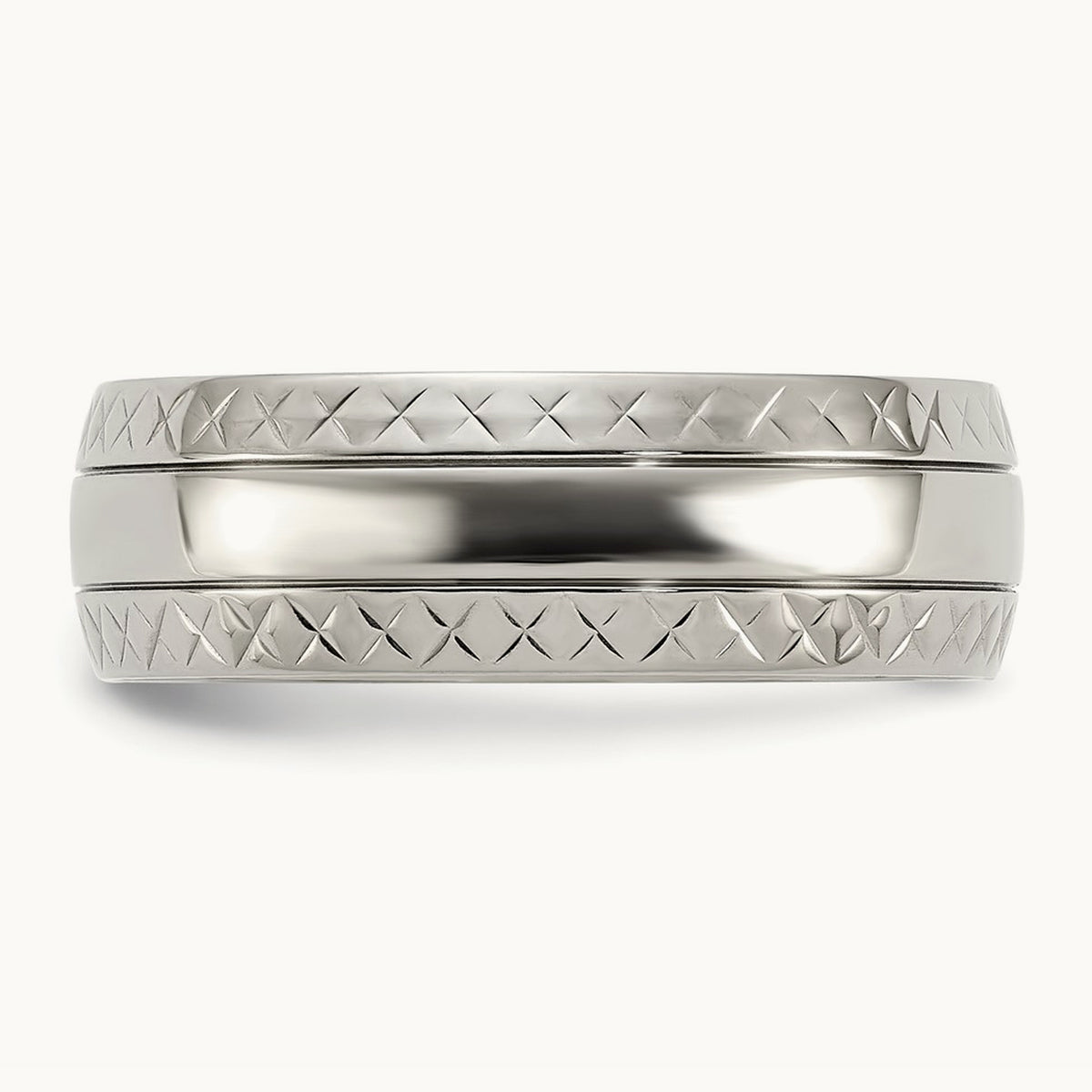 Polished Grooved Criss Cross Design Band, 7mm, Titanium