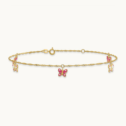 Enameled Butterfly 9in Plus 1in Ext Anklet, 14K