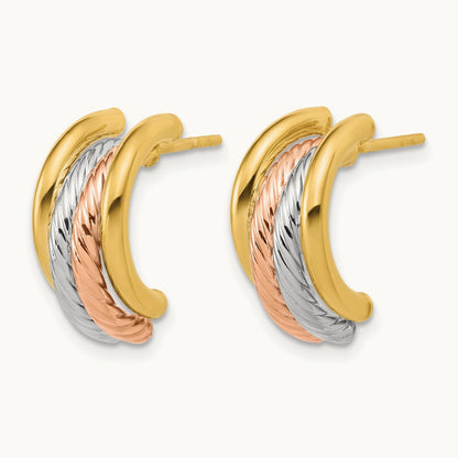 w/Rhod/Rose Gold-plat Polished/Twisted J-Hoop Post Earrings, 14K — Leslie's
