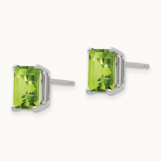 8x6mm Emerald Cut Peridot Earrings, 14K White Gold