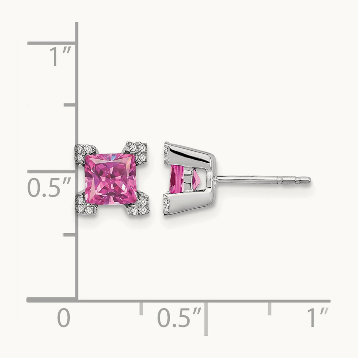 Square Created Pink Sapphire and Diamond Earrings, 14K White Gold