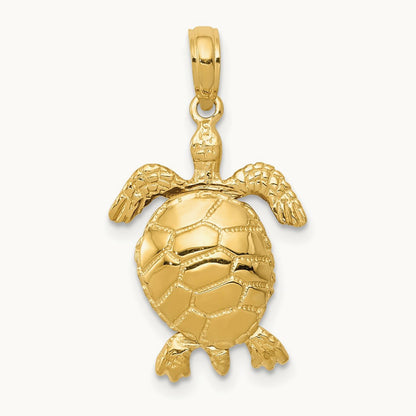 Solid Polished 3-D Moveable Turtle Pendant — 14K Yellow Gold, 19mm