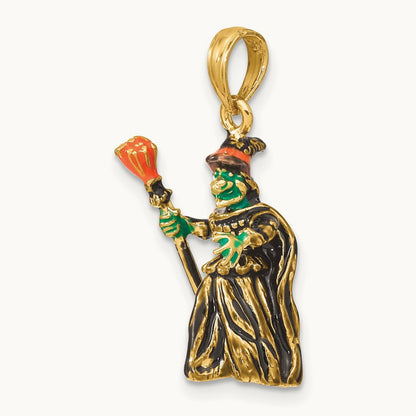 3-D Enameled Witch w/Broom Charm, 14K