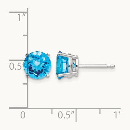 Blue Topaz Checker Earrings, 7mm, 14K White Gold
