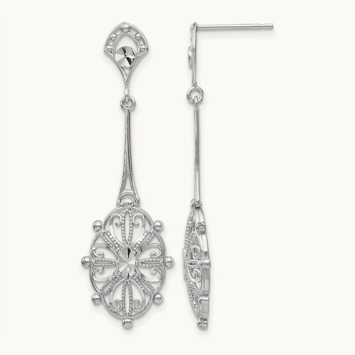Diamond-cut Filigree Earrings — 14K White Gold