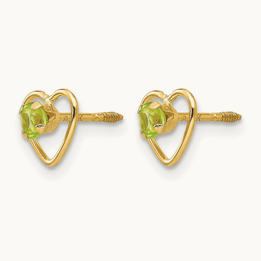 Madi K Genuine Peridot Birthstone Heart Earrings, 3mm, 14K