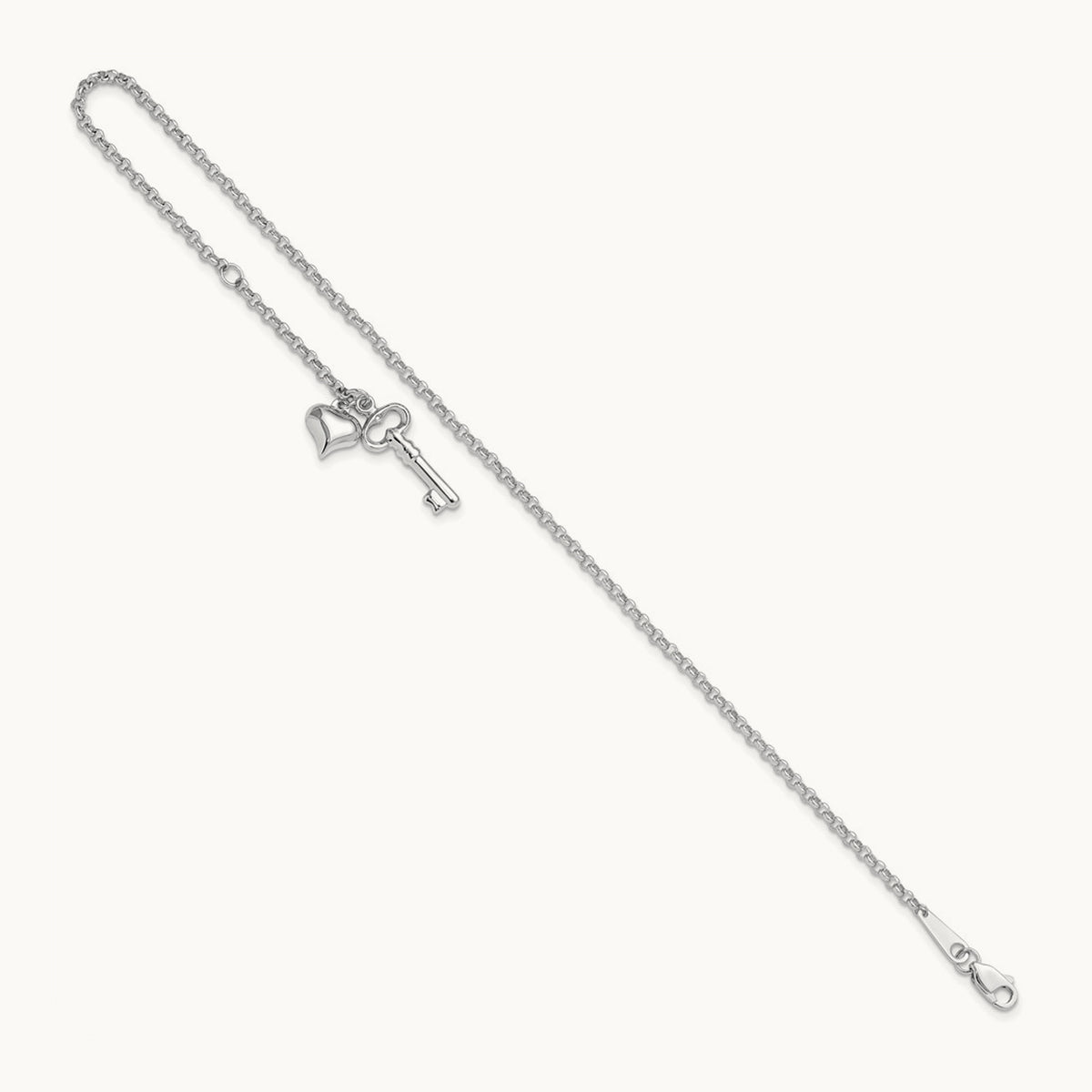 Adj Polished Puffed Heart Key 9in Plus 1in ext. Anklet, 14K White Gold