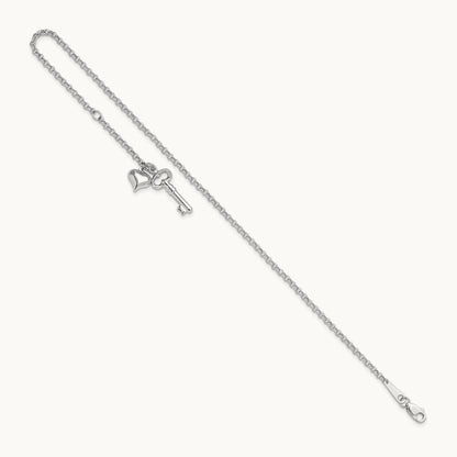 Adj Polished Puffed Heart Key 9in Plus 1in ext. Anklet, 14K White Gold