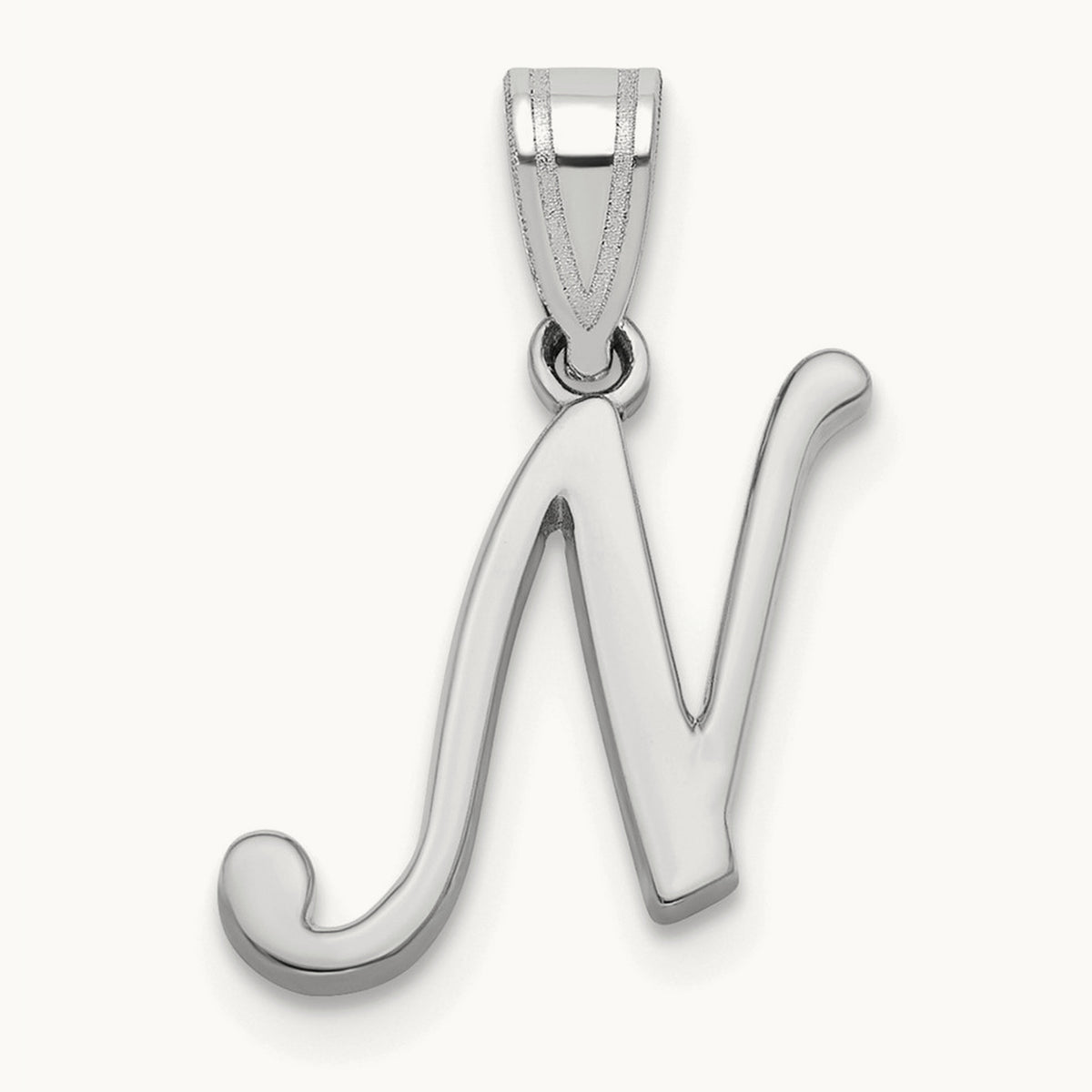 White Gold Script Letter N Initial Pendant, 14K White Gold