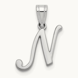 White Gold Script Letter N Initial Pendant, 14K White Gold