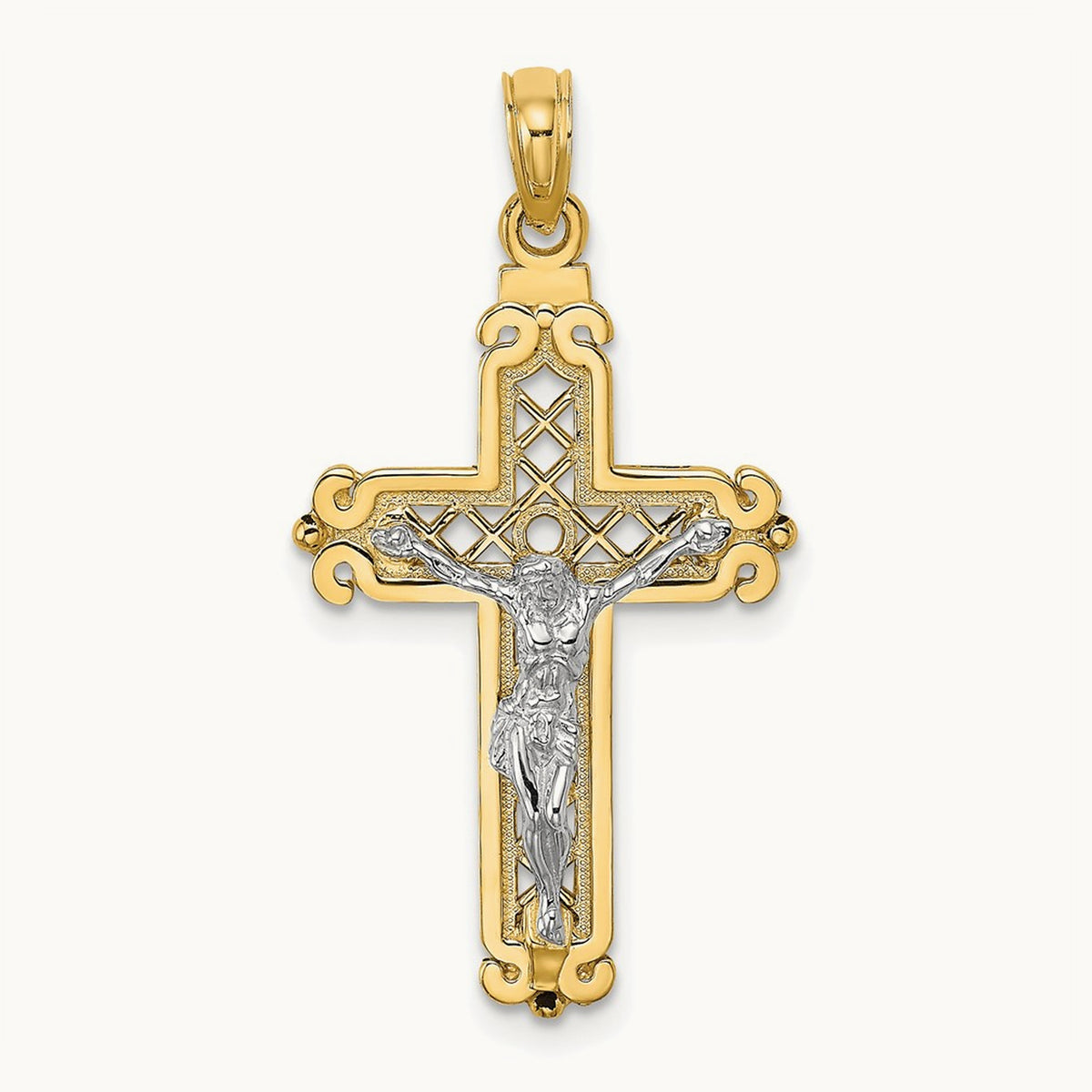 Fancy Crucifix Charm — 14K Two-Tone Gold