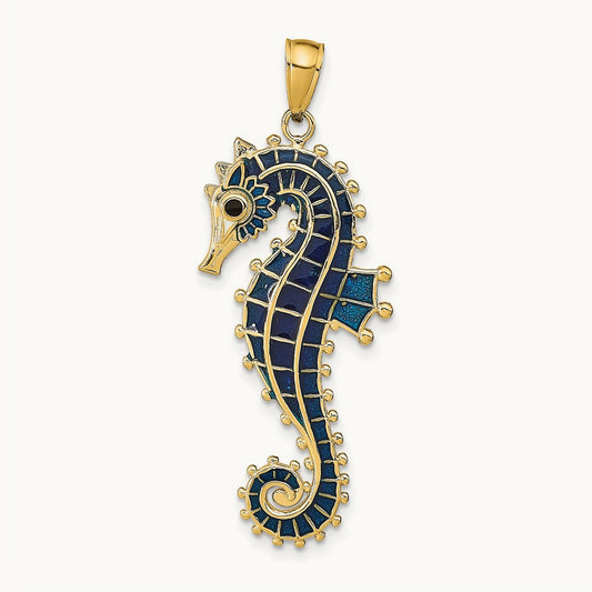 3D Enameled Seahorse Pendant, 14K