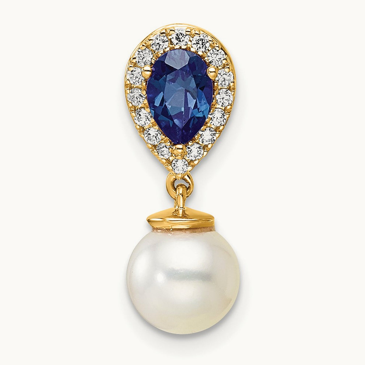 Polished Diamond Pearl and Sapphire Teardrop Chain Slide, 14K