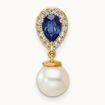 Polished Diamond Pearl and Sapphire Teardrop Chain Slide, 14K