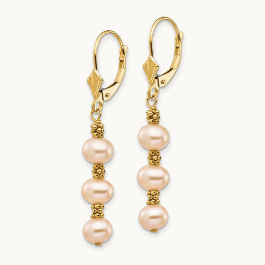 5- Pink Semi-round Freshwater Culutured Pearl Leverback Earrings, 6mm, 14K