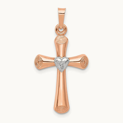 Diamond Polished Hollow Latin Heart Cross Pendant, 14K Two-tone