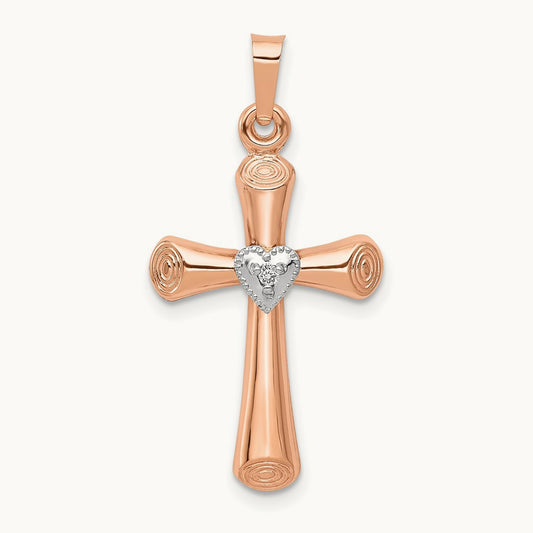 Diamond Polished Hollow Latin Heart Cross Pendant, 14K Two-tone
