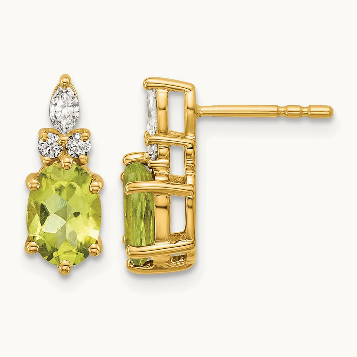 Diamond and Peridot Post Earrings — 14K Yellow Gold