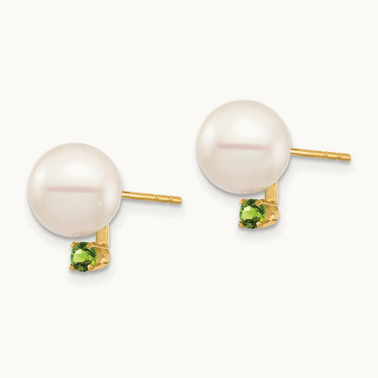 8- White Round Freshwater Cultured Pearl Peridot Post Earrings, 8.5mm, 14K