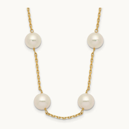 8- White Near-Round Freshwater Cultured Pearl 14-station Necklace, 9mm, 14K