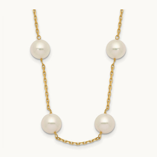 8- White Near-Round Freshwater Cultured Pearl 14-station Necklace, 9mm, 14K